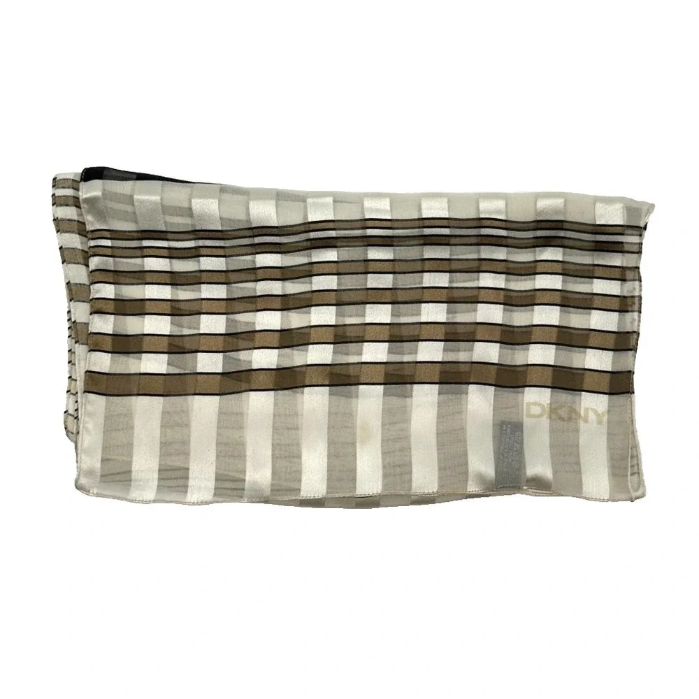 DKNY Womens Cream Tone On Tone Stripe Geometric Rectangular Silk Scarf Italy‎